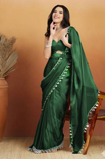 Green color smart designer lace border organza fabric partywear organza saree