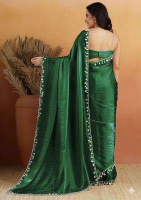 Green color smart designer lace border organza fabric partywear organza saree 2