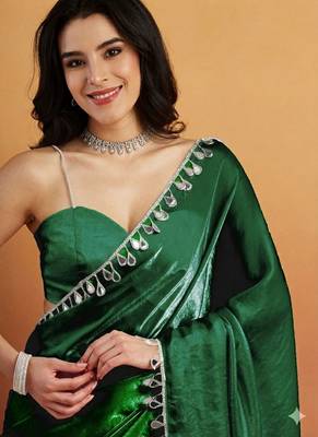 Green color smart designer lace border organza fabric partywear organza saree 3