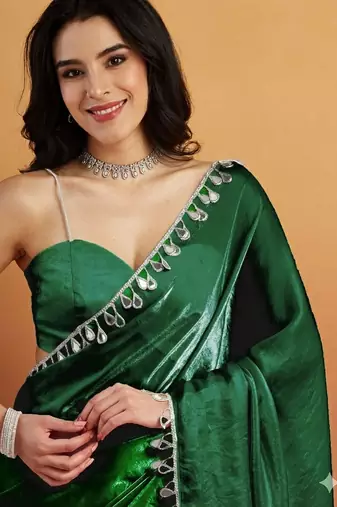 Green color smart designer lace border organza fabric partywear organza saree
