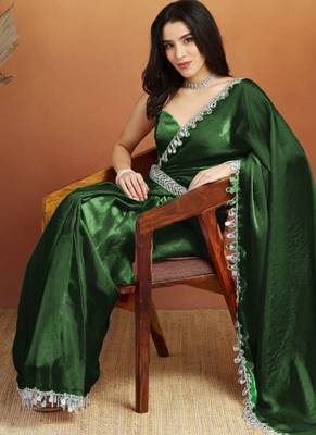 Green color smart designer lace border organza fabric partywear organza saree 4