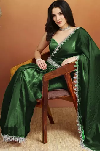 Green color smart designer lace border organza fabric partywear organza saree