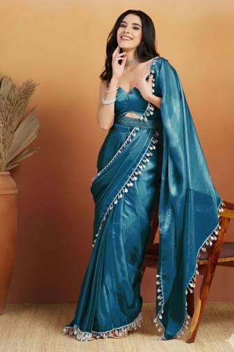 Teal color smart designer lace border organza fabric partywear organza saree