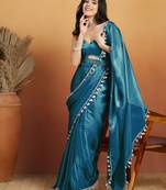 Teal color smart designer lace border organza fabric partywear organza saree