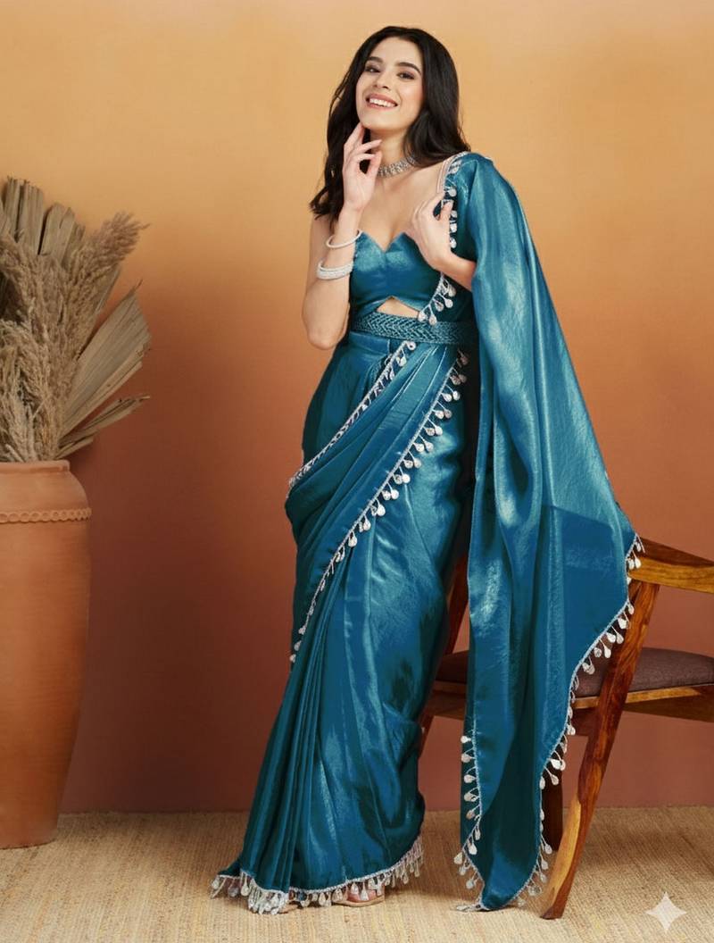 Teal color smart designer lace border organza fabric partywear organza saree