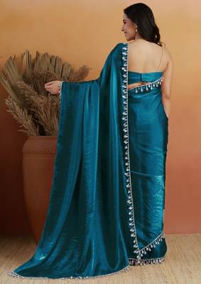 Teal color smart designer lace border organza fabric partywear organza saree 2