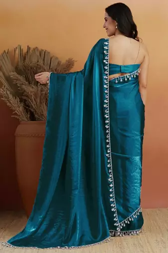 Teal color smart designer lace border organza fabric partywear organza saree