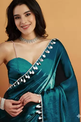 Teal color smart designer lace border organza fabric partywear organza saree