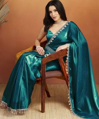 Teal color smart designer lace border organza fabric partywear organza saree 4