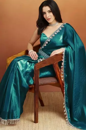 Teal color smart designer lace border organza fabric partywear organza saree