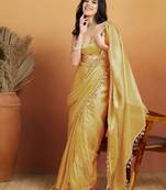Yellow color smart designer lace border organza fabric partywear organza saree