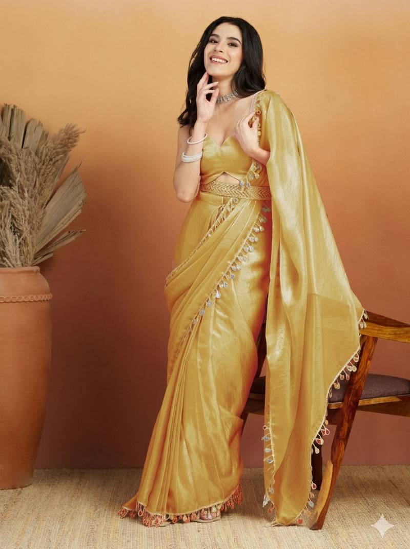 Yellow color smart designer lace border organza fabric partywear organza saree