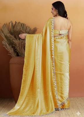 Yellow color smart designer lace border organza fabric partywear organza saree 2