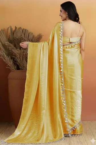 Yellow color smart designer lace border organza fabric partywear organza saree