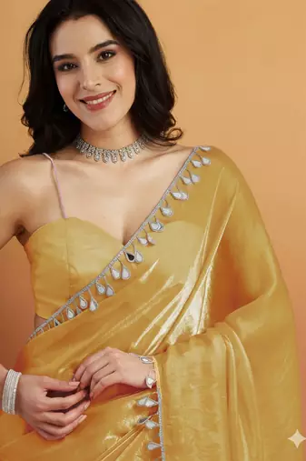 Yellow color smart designer lace border organza fabric partywear organza saree