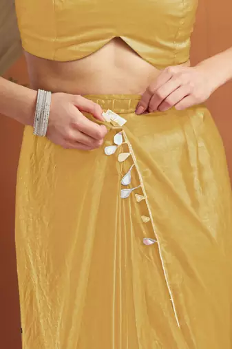 Yellow color smart designer lace border organza fabric partywear organza saree