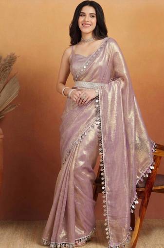 G purple color smart designer lace border organza fabric partywear organza saree