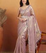 G purple color smart designer lace border organza fabric partywear organza saree
