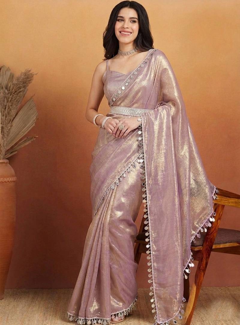 G purple color smart designer lace border organza fabric partywear organza saree