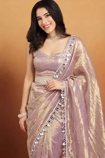 G purple color smart designer lace border organza fabric partywear organza saree