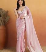 Light pink color smart designer lace border organza fabric partywear organza saree