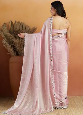Light pink color smart designer lace border organza fabric partywear organza saree 2