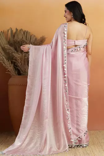 Light pink color smart designer lace border organza fabric partywear organza saree