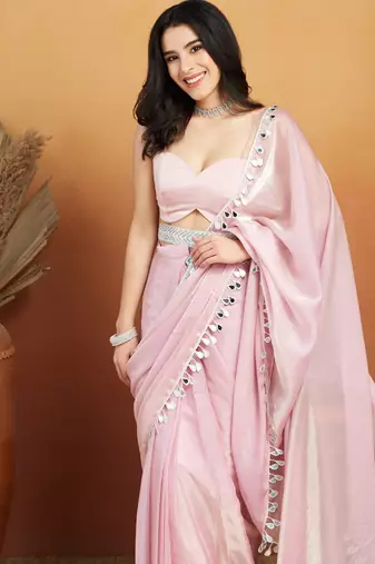 Light pink color smart designer lace border organza fabric partywear organza saree