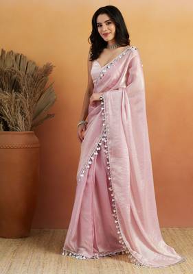 Light pink color smart designer lace border organza fabric partywear organza saree 4