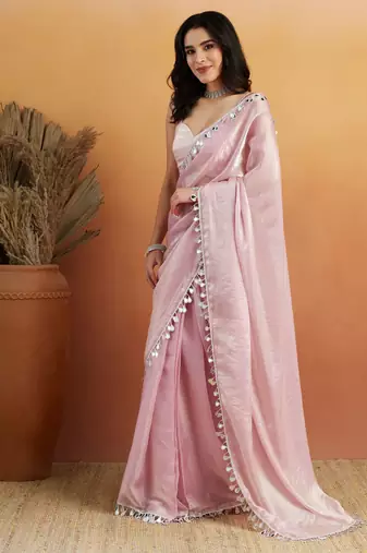 Light pink color smart designer lace border organza fabric partywear organza saree