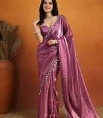 Purple color smart designer lace border organza fabric partywear organza saree
