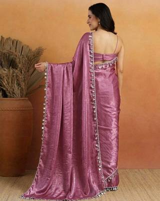 Purple color smart designer lace border organza fabric partywear organza saree 2