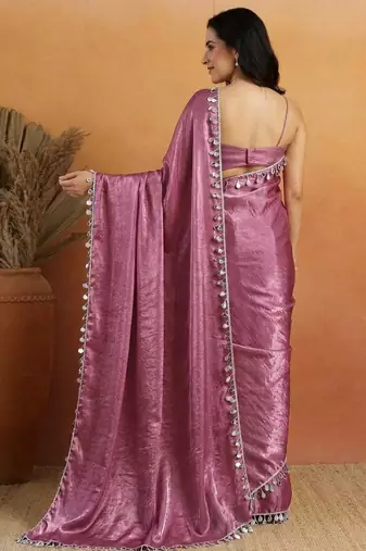 Purple color smart designer lace border organza fabric partywear organza saree