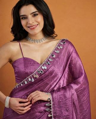 Purple color smart designer lace border organza fabric partywear organza saree 3