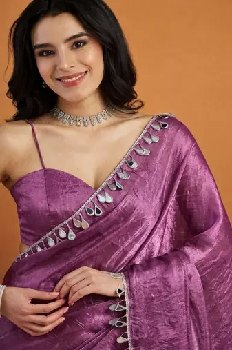 Purple color smart designer lace border organza fabric partywear organza saree