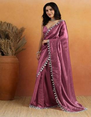 Purple color smart designer lace border organza fabric partywear organza saree 4