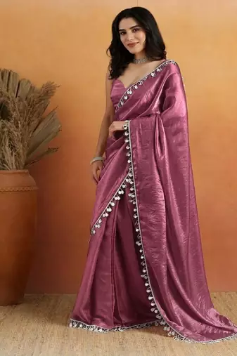 Purple color smart designer lace border organza fabric partywear organza saree