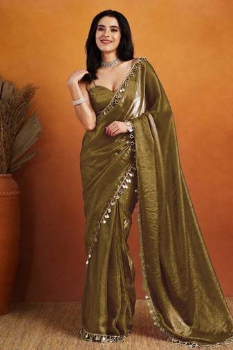 Mahendi color smart designer lace border organza fabric partywear organza saree