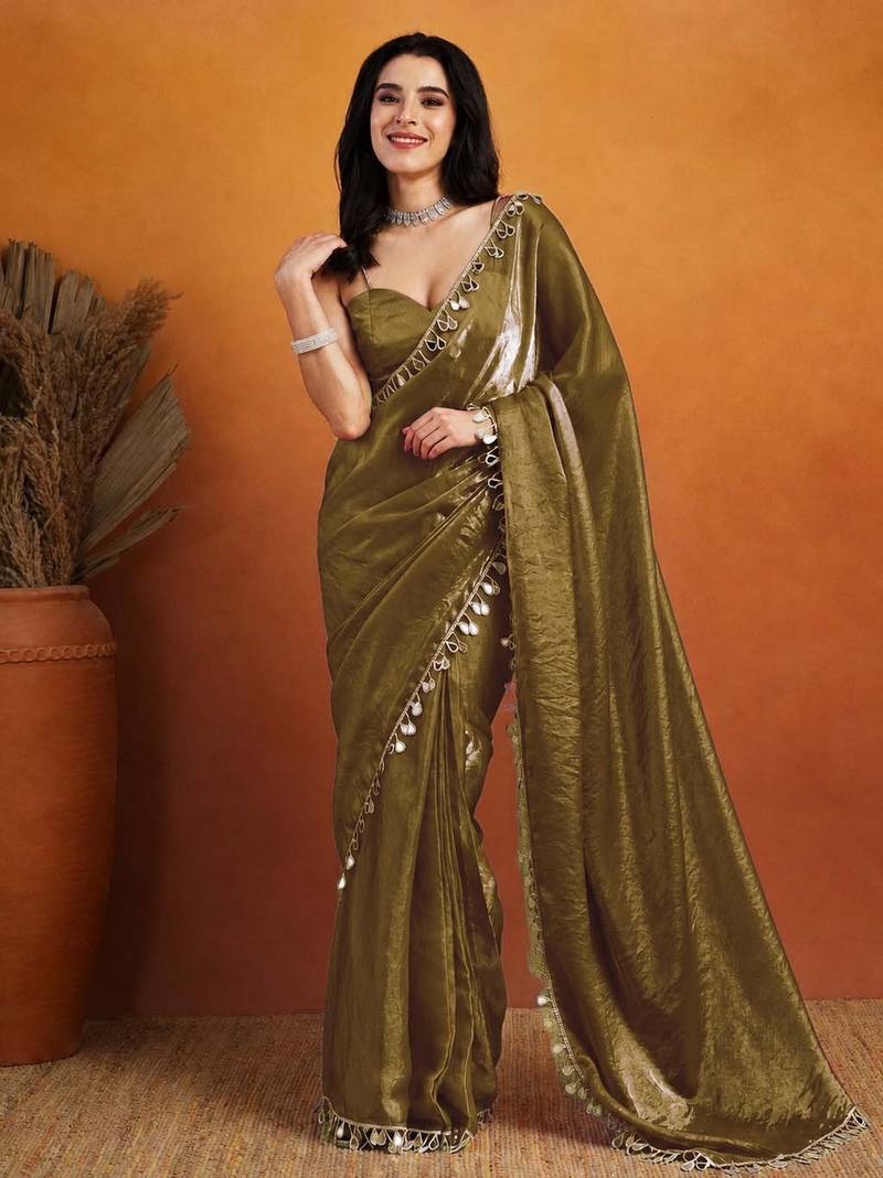 Mahendi color smart designer lace border organza fabric partywear organza saree