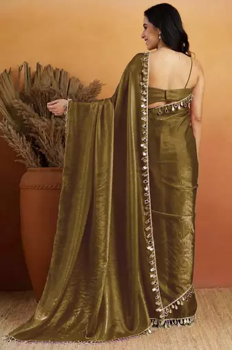 Mahendi color smart designer lace border organza fabric partywear organza saree