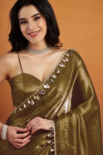 Mahendi color smart designer lace border organza fabric partywear organza saree