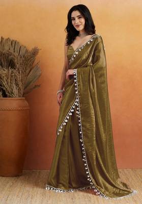 Mahendi color smart designer lace border organza fabric partywear organza saree 4