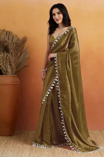 Mahendi color smart designer lace border organza fabric partywear organza saree