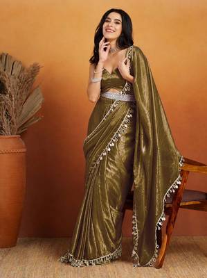 Mahendi color smart designer lace border organza fabric partywear organza saree 5