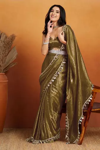 Mahendi color smart designer lace border organza fabric partywear organza saree