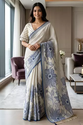 Blue color linen fabric designer partywear saree