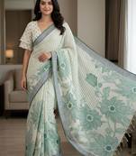 Green color linen fabric designer partywear saree