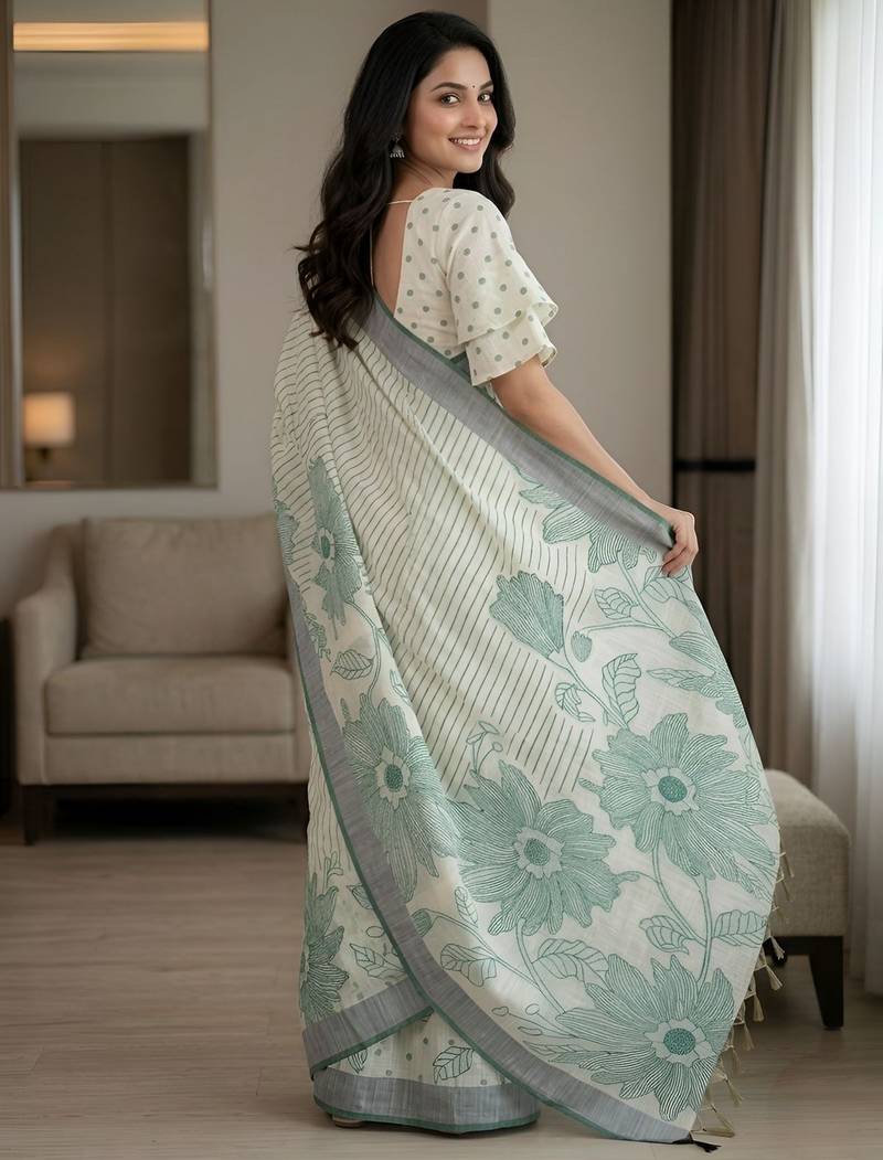 Green color linen fabric designer partywear saree