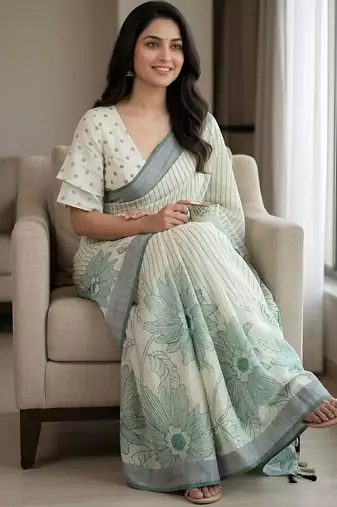 Green color linen fabric designer partywear saree