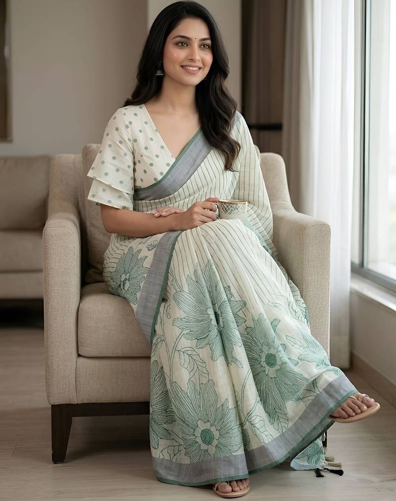 Green color linen fabric designer partywear saree